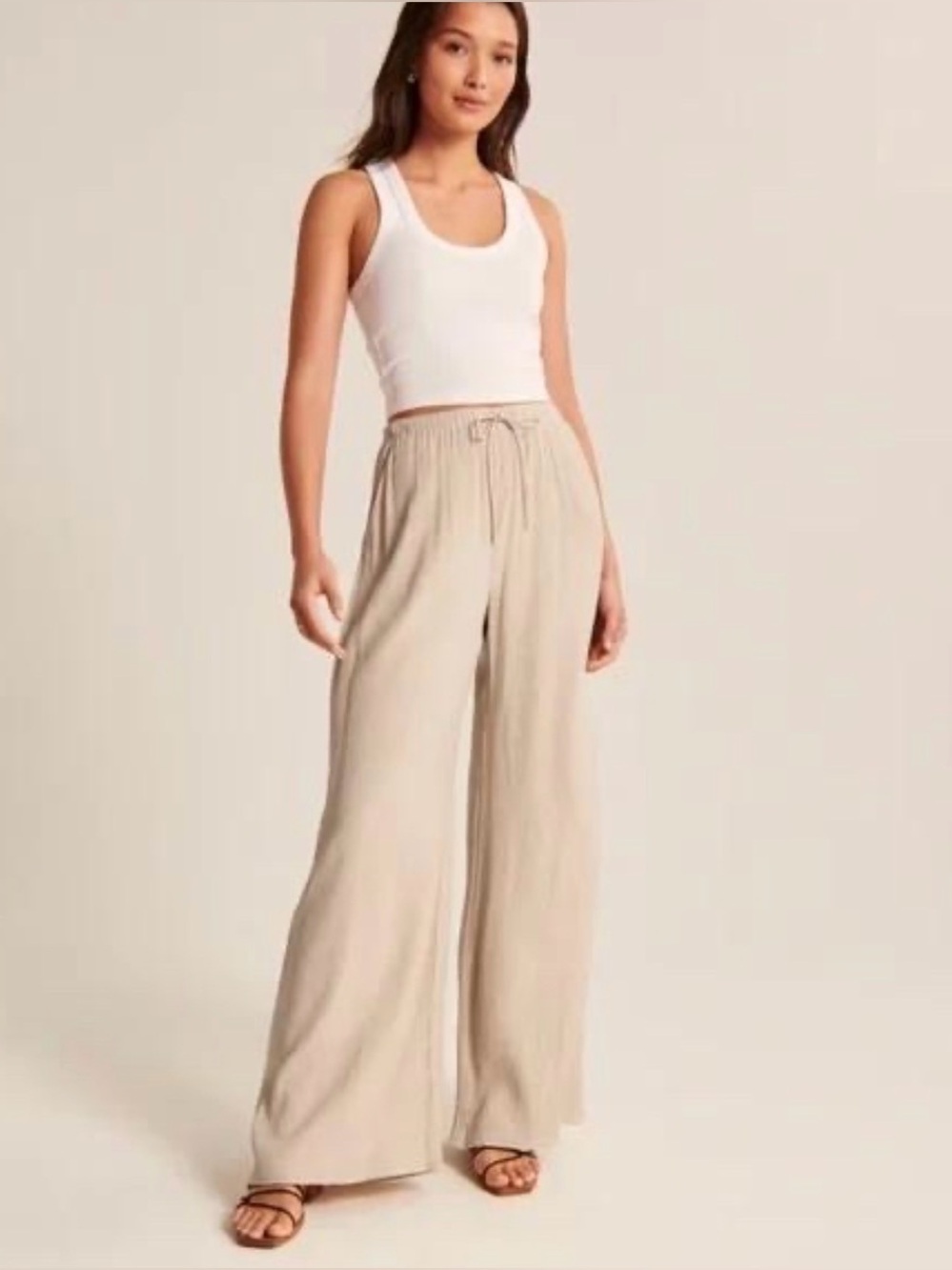 Abercrombie & Fitch Crinkle Wide Leg Pull-On Pants Beige Size S